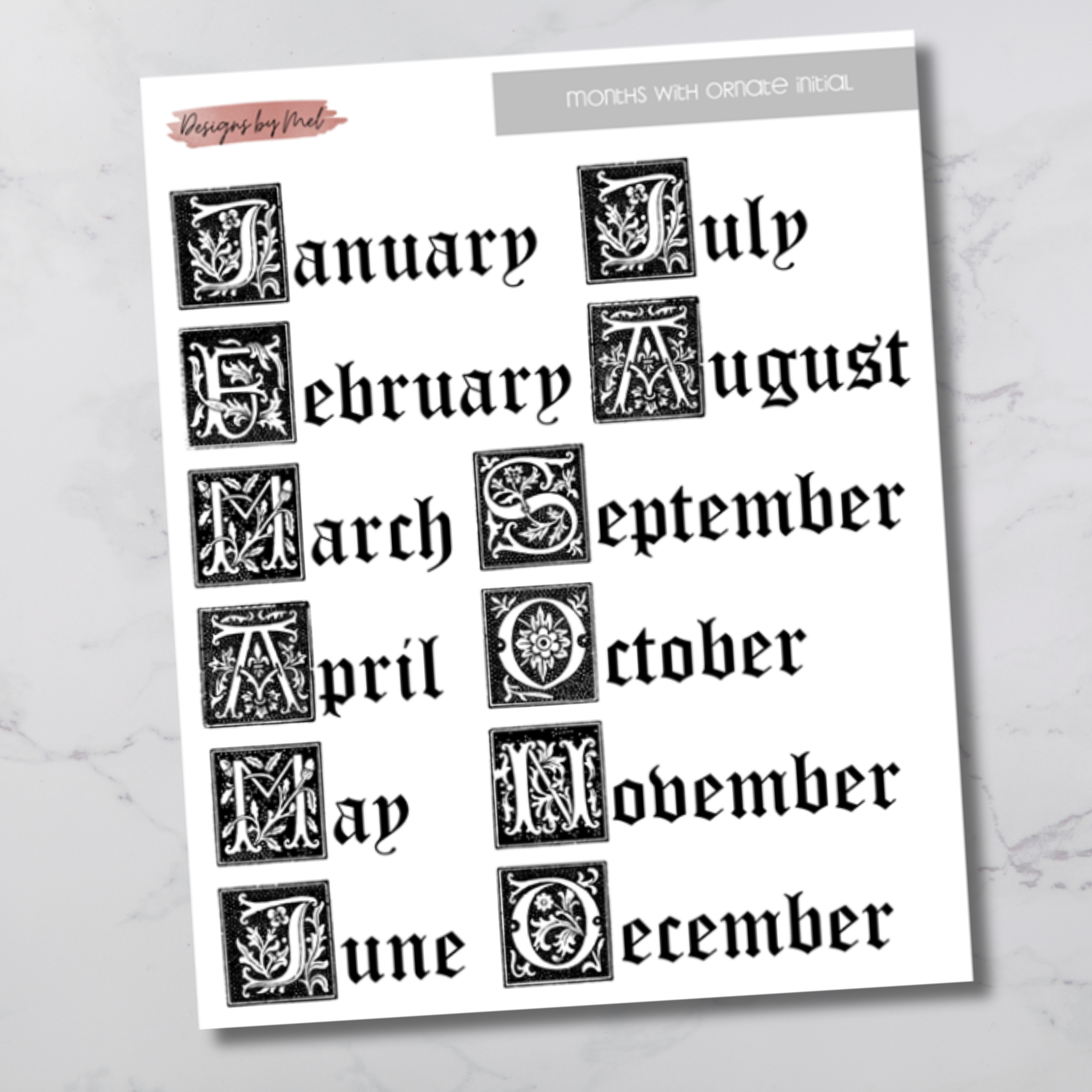 Month Headers - Ornate Initial - Stickers – Designs by Mel & Co