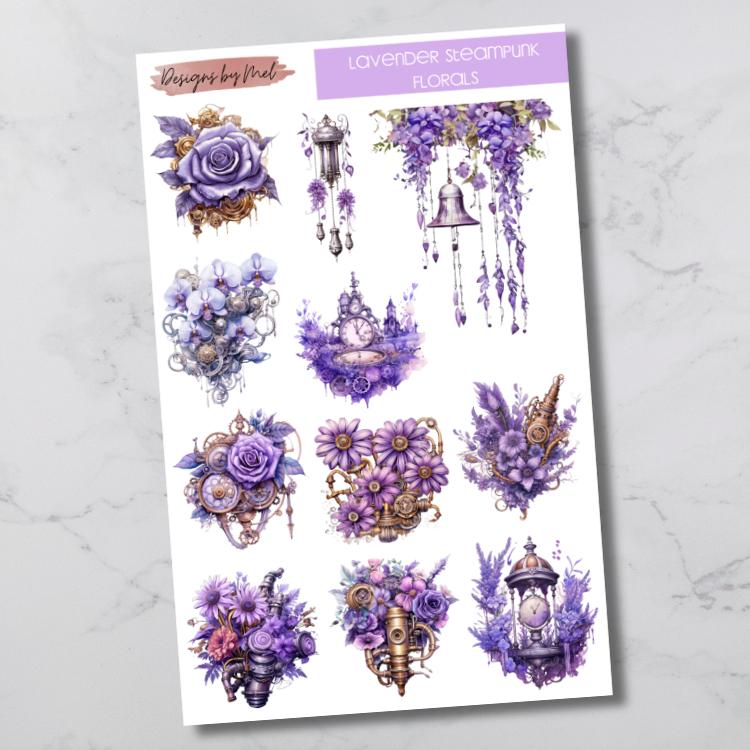 Lavender Steampunk Florals Sticker Sheet
