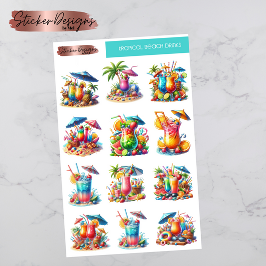 Tropical Beach Drinks Deco Sticker Sheet