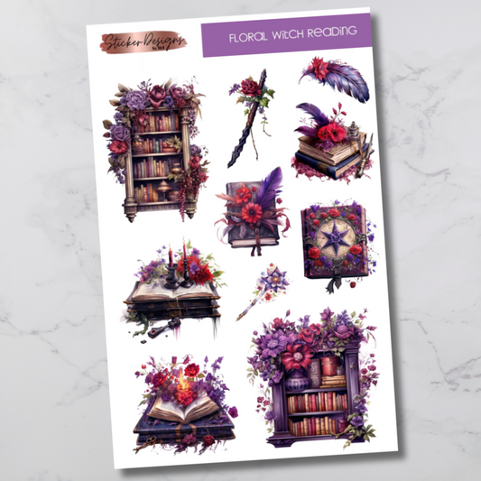 Floral Witch Reading Deco Sticker Sheet